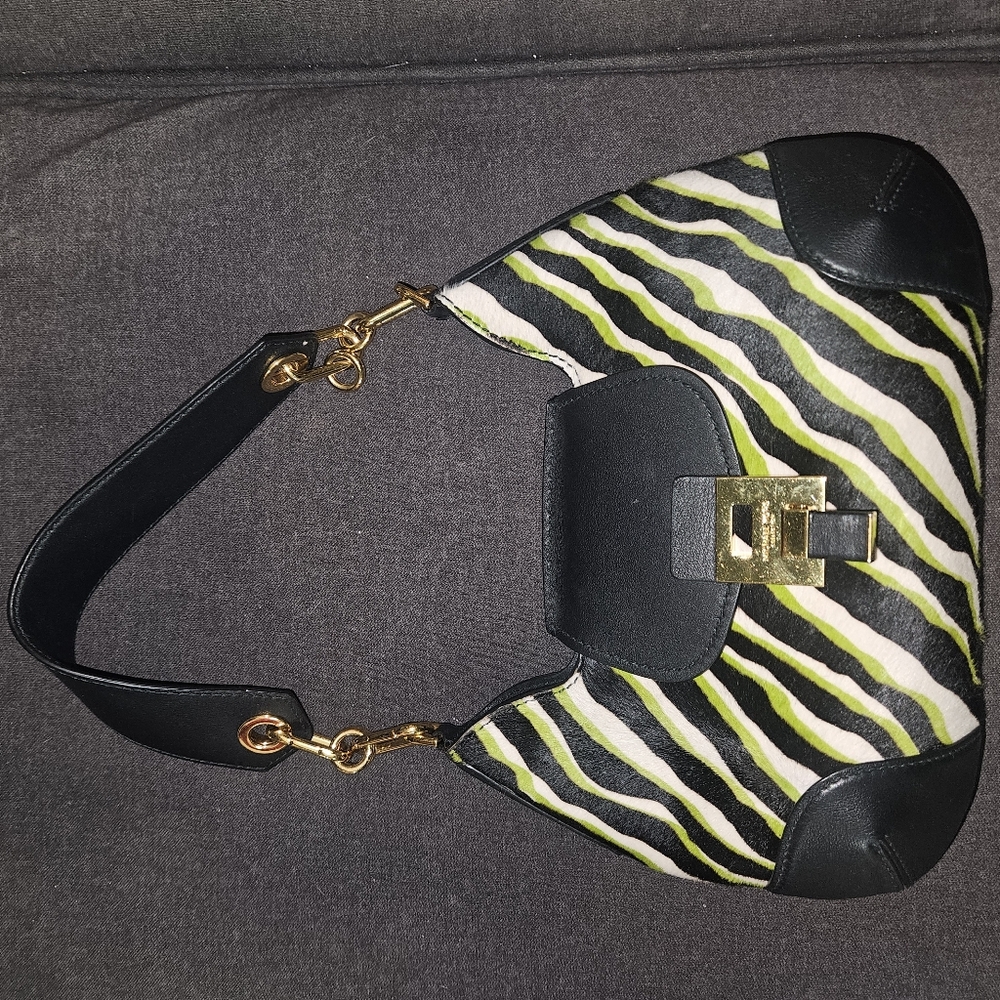 Michael Kors Black and Lime Zebra-Print Hobo with Gold Hardware